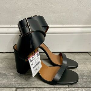 Zara Woman Black Leather Wrap Buckle Block Open Toe Heels
